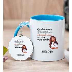 Hediye Dükkanı Kişiye Özel Alışıkın Değilsindir Tasarım Esprili Mavi Kupa Bardak ve Anahtarlık