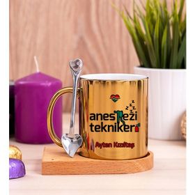 Hediye Dükkanı Kişiye Özel Anestezi Teknikeri Ahşap Altlıklı Kaşıklı Gold Kupa Bardak