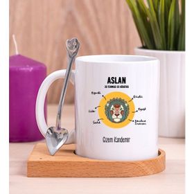 Hediye Dükkanı Kişiye Özel Aslan Burcuna Hediye Ahşap Altlıklı Beyaz Kupa Bardak