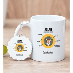 Hediye Dükkanı Kişiye Özel Aslan Burcuna Hediye Beyaz Kupa Bardak ve Anahtarlık