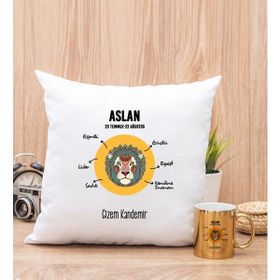 Hediye Dükkanı Kişiye Özel Aslan Burcuna Hediye Gold Kupa Bardak ve Kare Yastık