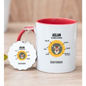 Hediye Dükkanı Kişiye Özel Aslan Burcuna Hediye Kırmızı Kupa Bardak ve Anahtarlık