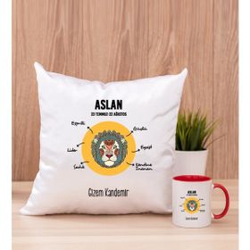 Hediye Dükkanı Kişiye Özel Aslan Burcuna Hediye Kırmızı Kupa Bardak ve Kare Yastık