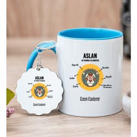Hediye Dükkanı Kişiye Özel Aslan Burcuna Hediye Mavi Kupa Bardak ve Anahtarlık