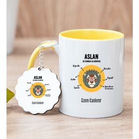 Hediye Dükkanı Kişiye Özel Aslan Burcuna Hediye Sarı Kupa Bardak ve Anahtarlık