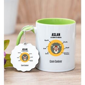 Hediye Dükkanı Kişiye Özel Aslan Burcuna Hediye Yeşil Kupa Bardak ve Anahtarlık