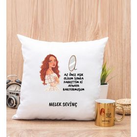 Hediye Dükkanı Kişiye Özel Az Önce Aşık Oldum Tasarım Esprili Gold Kupa Bardak ve Kare Yastık