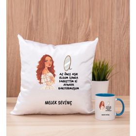 Hediye Dükkanı Kişiye Özel Az Önce Aşık Oldum Tasarım Esprili Mavi Kupa Bardak ve Kare Yastık
