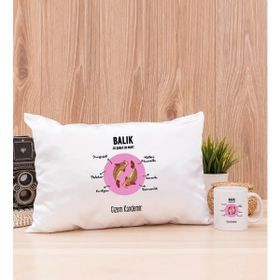Hediye Dükkanı Kişiye Özel Balık Burcuna Hediye Beyaz Kupa Bardak ve Dikdörtgen Yastık