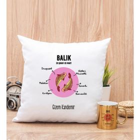 Hediye Dükkanı Kişiye Özel Balık Burcuna Hediye Gold Kupa Bardak ve Kare Yastık