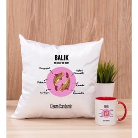 Hediye Dükkanı Kişiye Özel Balık Burcuna Hediye Kırmızı Kupa Bardak ve Kare Yastık