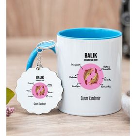 Hediye Dükkanı Kişiye Özel Balık Burcuna Hediye Mavi Kupa Bardak ve Anahtarlık