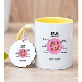 Hediye Dükkanı Kişiye Özel Balık Burcuna Hediye Sarı Kupa Bardak ve Anahtarlık