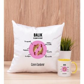 Hediye Dükkanı Kişiye Özel Balık Burcuna Hediye Sarı Kupa Bardak ve Kare Yastık