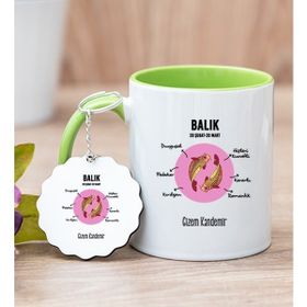 Hediye Dükkanı Kişiye Özel Balık Burcuna Hediye Yeşil Kupa Bardak ve Anahtarlık