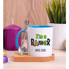 Hediye Dükkanı Kişiye Özel Bankacı Ahşap Altlıklı Kaşıklı Beyaz Mavi Kupa Bardak