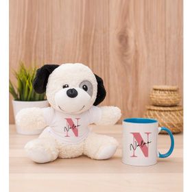 Hediye Dükkanı Kişiye Özel Baş Harfli Üzeri İsim Yazılı Mavi Kupa Bardak ve Peluş Köpek