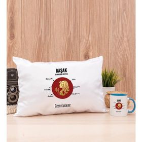 Hediye Dükkanı Kişiye Özel Başak Burcuna Hediye Mavi Kupa Bardak ve Dikdörtgen Yastık