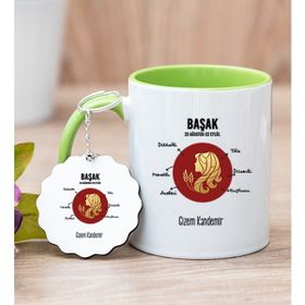 Hediye Dükkanı Kişiye Özel Başak Burcuna Hediye Yeşil Kupa Bardak ve Anahtarlık
