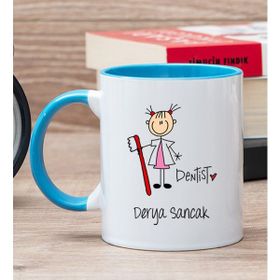 Hediye Dükkanı Kişiye Özel Bayan Diş Hekimi Karikatürü Mavi Kupa