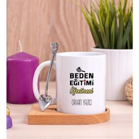 Hediye Dükkanı Kişiye Özel Beden Eğitimi Öğretmeni Ahşap Altlıklı Kaşıklı Beyaz Kupa Bardak