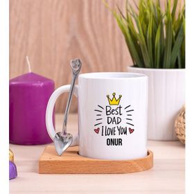 Hediye Dükkanı Kişiye Özel Best Dad Ahşap Altlıklı Kaşıklı Beyaz Kupa Bardak