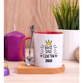 Hediye Dükkanı Kişiye Özel Best Dad Ahşap Altlıklı Kaşıklı Kırmızı Kupa
