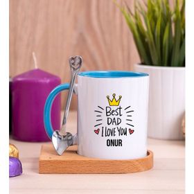 Hediye Dükkanı Kişiye Özel Best Dad Ahşap Altlıklı Kaşıklı Mavi Kupa