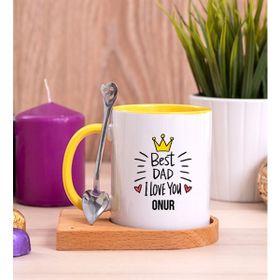 Hediye Dükkanı Kişiye Özel Best Dad Ahşap Altlıklı Kaşıklı Sarı Kupa