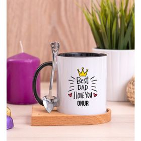 Hediye Dükkanı Kişiye Özel Best Dad Baskılı Ahşap Altlıklı Kaşıklı Siyah Kupa Bardak
