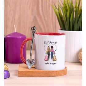 Hediye Dükkanı Kişiye Özel Best Friends Ahşap Altlıklı Kaşıklı Kırmızı Kupa