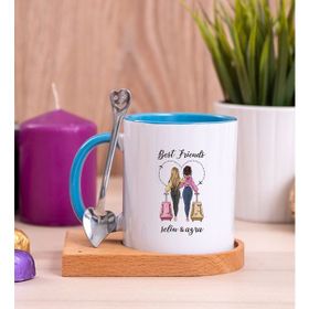 Hediye Dükkanı Kişiye Özel Best Friends Ahşap Altlıklı Kaşıklı Mavi Kupa