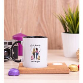 Hediye Dükkanı Kişiye Özel Best Friends Ahşap Altlıklı Mumlu Siyah Kupa