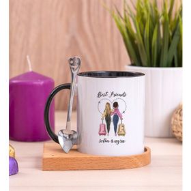 Hediye Dükkanı Kişiye Özel Best Friends Baskılı Ahşap Altlıklı Kaşıklı Siyah Kupa Bardak