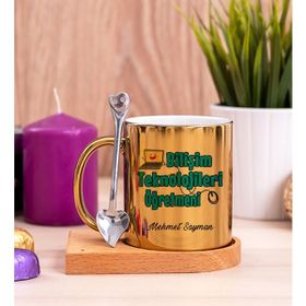 Hediye Dükkanı Kişiye Özel Bilişim Teknolojileri Öğretmeni Ahşap Altlıklı Kaşıklı Gold Kupa Bardak