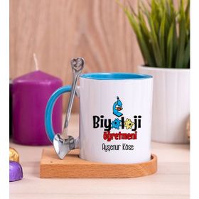 Hediye Dükkanı Kişiye Özel Biyoloji Öğretmeni Ahşap Altlıklı Kaşıklı Mavi Kupa