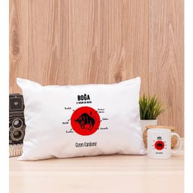Hediye Dükkanı Kişiye Özel Boğa Burcuna Hediye Beyaz Kupa Bardak ve Dikdörtgen Yastık