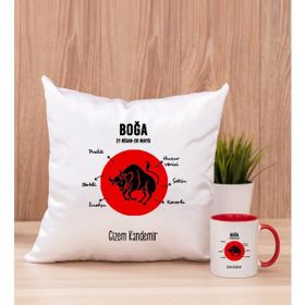 Hediye Dükkanı Kişiye Özel Boğa Burcuna Hediye Kırmızı Kupa Bardak ve Kare Yastık
