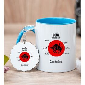Hediye Dükkanı Kişiye Özel Boğa Burcuna Hediye Mavi Kupa Bardak ve Anahtarlık
