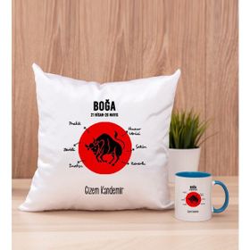 Hediye Dükkanı Kişiye Özel Boğa Burcuna Hediye Mavi Kupa Bardak ve Kare Yastık