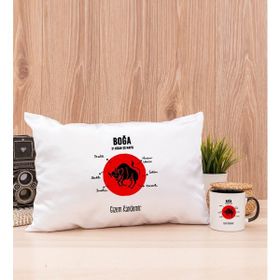 Hediye Dükkanı Kişiye Özel Boğa Burcuna Hediye Siyah Kupa Bardak ve Dikdörtgen Yastık Seti