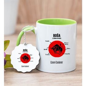 Hediye Dükkanı Kişiye Özel Boğa Burcuna Hediye Yeşil Kupa Bardak ve Anahtarlık