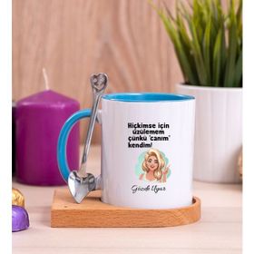 Hediye Dükkanı Kişiye Özel Canım Kendim Ahşap Altlıklı Kaşıklı Mavi Kupa
