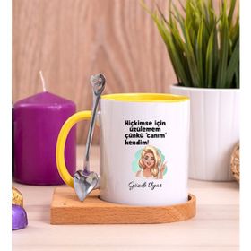 Hediye Dükkanı Kişiye Özel Canım Kendim Ahşap Altlıklı Kaşıklı Sarı Kupa