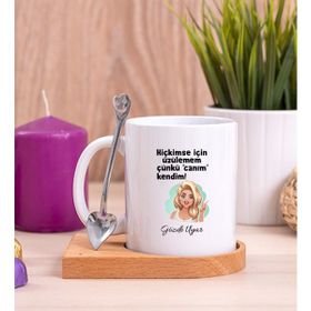Hediye Dükkanı Kişiye Özel Canım Kendim Baskılı Ahşap Altlıklı Kaşıklı Beyaz Kupa Bardak