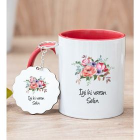 Hediye Dükkanı Kişiye Özel Çiçek Buketi İsimli Kırmızı Kupa Bardak ve Anahtarlık