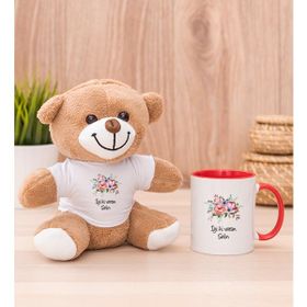 Hediye Dükkanı Kişiye Özel Çiçek Buketi isimli Kırmızı Kupa Bardak ve Peluş Ayıcık