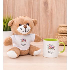 Hediye Dükkanı Kişiye Özel Çiçek Buketi isimli Yeşil Kupa Bardak ve Peluş Ayıcık