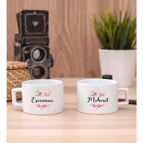 Hediye Dükkanı Kişiye Özel Çiçek Çerçeveli Isimli İkili Fincan