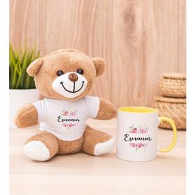 Hediye Dükkanı Kişiye Özel Çiçek Çerçeveli isimli Sarı Kupa Bardak ve Peluş Ayıcık